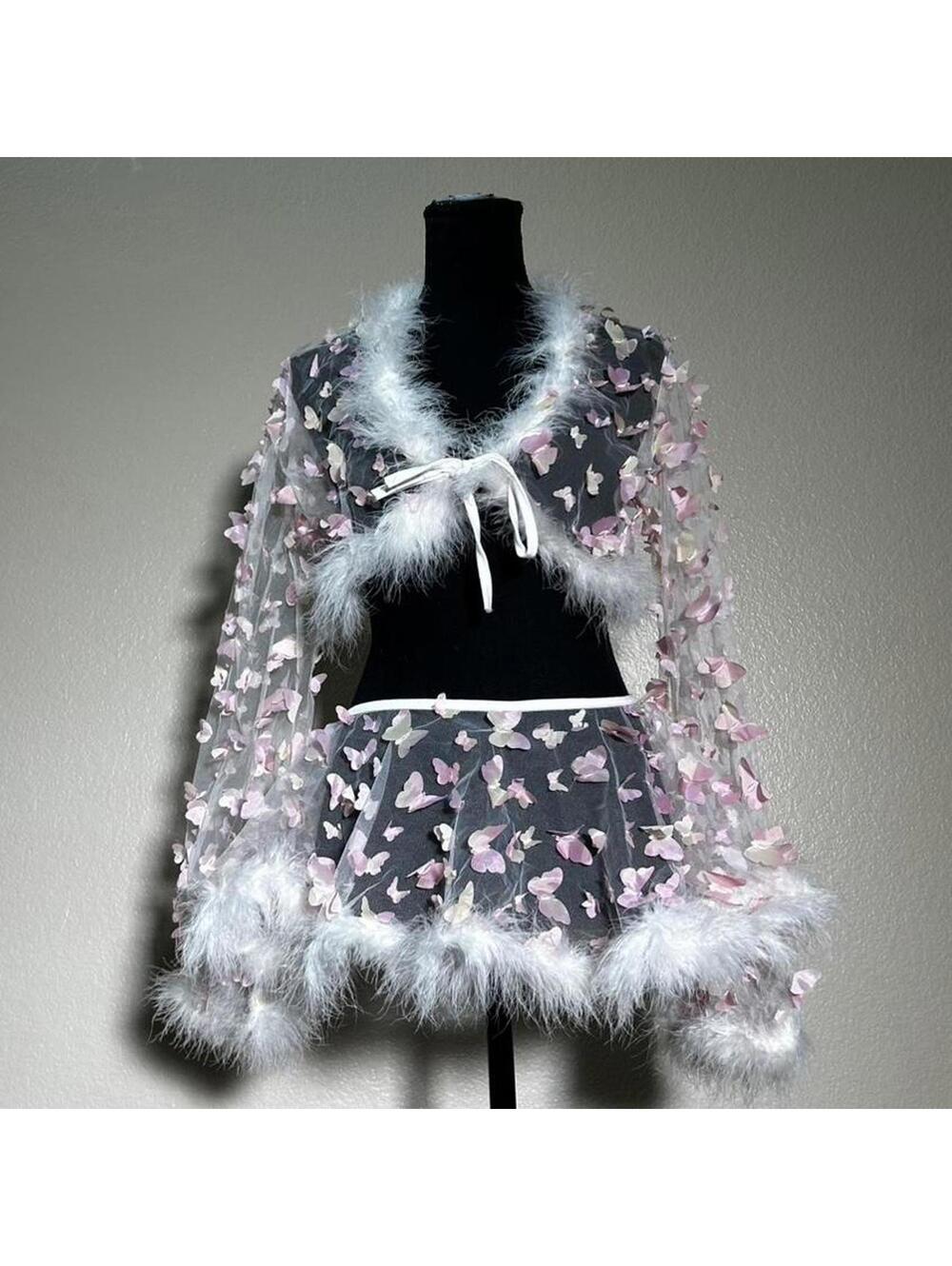 Fairycore Butterfly Mesh Set Coquette Angel Y2K Sheer Fur Trim Rave Festival